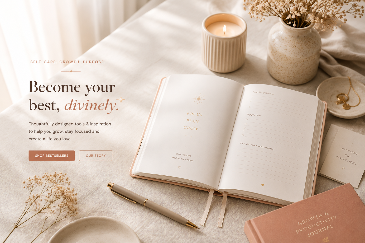 Divinely Me workspace with journal, pen and self-care objects